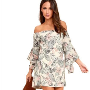 Lulus Sun-Drenched Daydream Beige Floral Print Off-the-Shoulder Dress Size XS